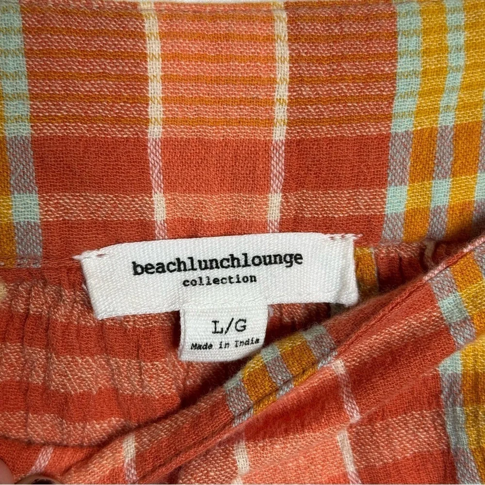 beachlunchlounge Naomi Orange Plaid Cotton Ruffle Blouse Women’s Size Large